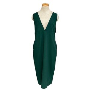 Simple Retro Dress Womens Large Green V-Neck Midi Sleeveless Open Back